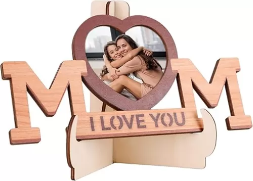 PETCEE Wood Mom Picture Frame Mothers Day Gifts for Mom from Daughter Son Mothers Day Birthday Heart Shaped Mom Photo Frame I Love You Mom Gifts for Mom Mother-In-Law Stepmom Bonus Mom