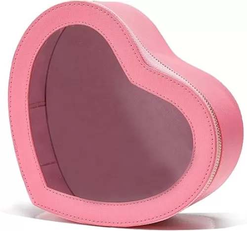 Pink Heart Makeup Bag-Heart Shaped Valentine Day Gift for Her, Pink Clear Top Open Cosmetic Organizer, Large Waterproof Travel Makeup Bag for Girls Women