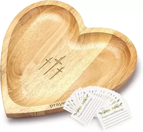 Prayer Bowl Heart Shaped with 24 Prayer Cards, Heart Bowl Wooden with Cross, Religious Prayer Dough Bowl Wooden, for Religious Christian Congregation Gifts.Wood Decorative Bowls