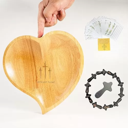 Prayer Bowl with Cards, Wooden Heart Prayer Bowl Set with Cross, Christian Gifts for Women Men, Artistic Heart Shaped Decor Bowl, Birthday, Retirement, Religious, Meaningful Gift for Mom Dad (Natural)