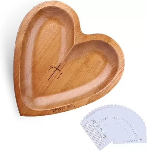 Prayer Bowl Wooden, Decorative Heart Shaped Bowl with Prayer Cards for Women, Christian Gifts for Women, Decorative Dough Bowls for Home Decor, Mothers Day Religious Gifts for Mom (Wood)