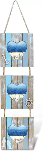 Puzzled CoTa Global Heart Shape Triple Photo Frame 4x4 - Handcrafted Wooden Nautical Photo Frame for Wall Display and Hanging Beach Themed Home Decor, Decorative Coastal Ornament