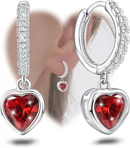 Red Heart Hoop Earrings with Dangle Sterling Silver Love Heart-Shaped Earrings Trendy Hypoallergenic Cubic Zirconia Hoop Earrings with Dangling Charms Dainty Fashion Loop Earrings for Women Gifts