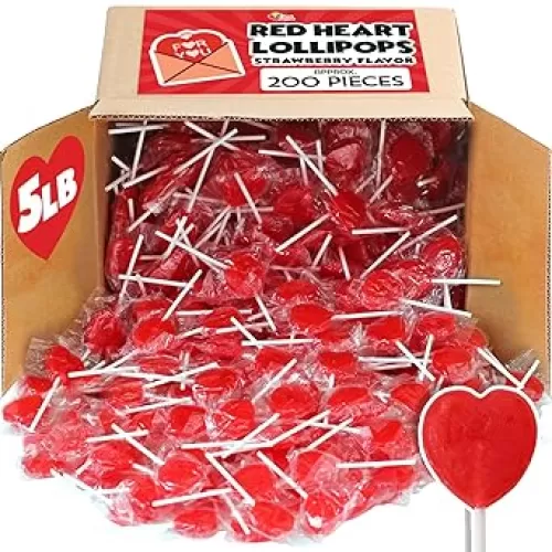 Red Heart Lollipops - 5 Pounds Bulk - Approx 200 ct - Heart Candy Strawberry Flavored