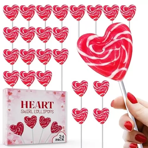 Red Heart Swirl Lollipops - 24 Candy Suckers Individually Wrapped - Heart Party Favors and Candy Bags