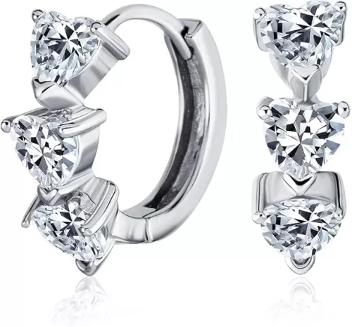 Romantic 3 CZ Pink Heart Shaped Cubic Zirconia Endless Huggie Small Hoop Earrings For Women Teens Girlfriend Hinged .925 Sterling Silver