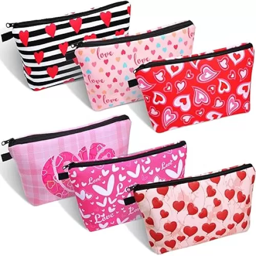 Saintrygo 6 Pcs Valentine Makeup Bag Valentines Heart Cosmetic Bags Red Pink Love Travel Zipper Pouches Valentine Gift for Girlfriend Women Wife Double Sided Printed Waterproof Organizer