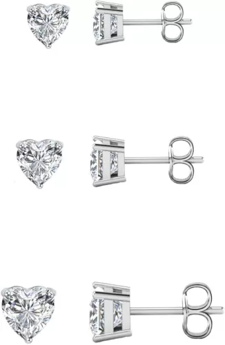 Savlano 3 Pair 14K White Gold Plated Cubic Zirconia Heart Cut Stud Earrings Comes In 4mm, 6mm & 8mm For Women & Men
