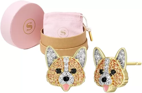 SCAMPER & CO Dog Breed Cubic Zirconia Puppy Design Stud Earrings for Women - Genuine Gemstone Sterling Silver Earrings, Premium Real 18K Yellow Gold or Gunmetal Plating Jewelry Gift for Dog Lovers