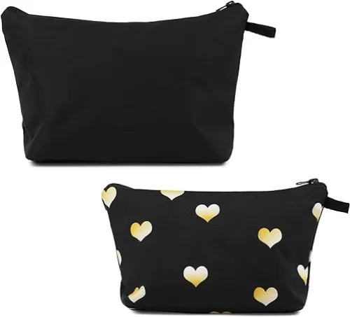 Set of 2 Hearts Makeup Travel Bags for Women Girls, Small Cute Cosmetic Storage Pouch, Toiletry Organizer, Black, 2 Sizes