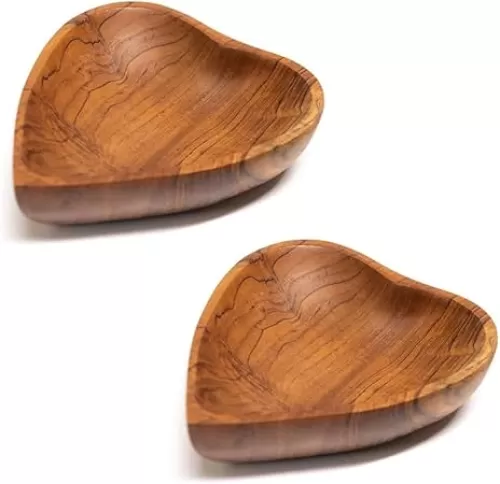 Set of 2 Javanese Teak Wood Heart Bowls- 5" Diameter- Perfect for Daily Use, Hot & Cold Friendly, Ultra-Durable- Exclusive Luxury Custom Design Handcrafted by Indonesian Artisans