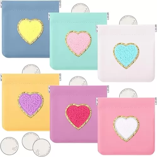 Silkfly 6 Pcs Valentine‘s Day Coin Purses Pouch Cute Heart Change Purses Small Portable Waterproof Pocket Cosmetic Bag Mini Makeup Squeeze Pouch Travel Jewelry New Year Gift for Women