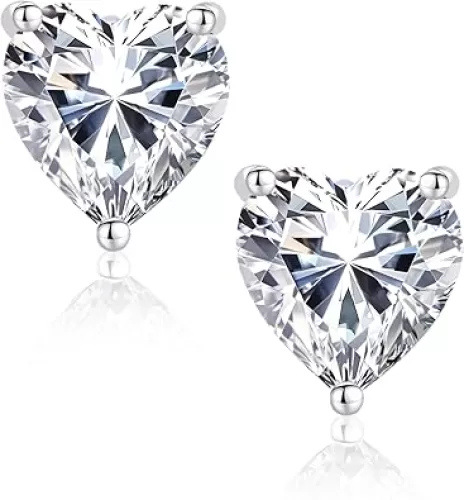 Silver Heart Cubic Zirconia Earrings Studs, 7MM CZ Stud Earrings for Women 925 Sterling Silver Post, Sparkling Hypoallergenic Heart Shape Princess Cut Jewelry for Women