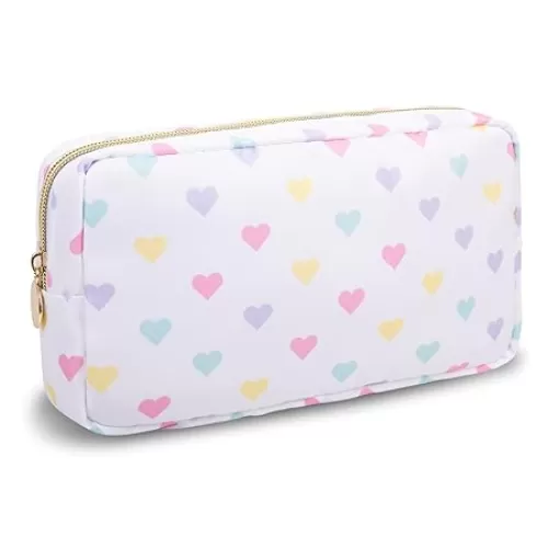 Small Makeup Bag Pouch for Purse，Nylon Travel Toiletry Storage Bag Cute Makeup Organizer Bag for Women Girls，Preppy Waterproof Cosmetic Bag Pouch Skincare Bag Purse with Zipper (Small-White Heart)