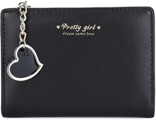 Small Wallet with Heart Pendant Bifold Wallet Zipper Pocket Cash Card Holder Coin Purse for Women Girls (BLACK)