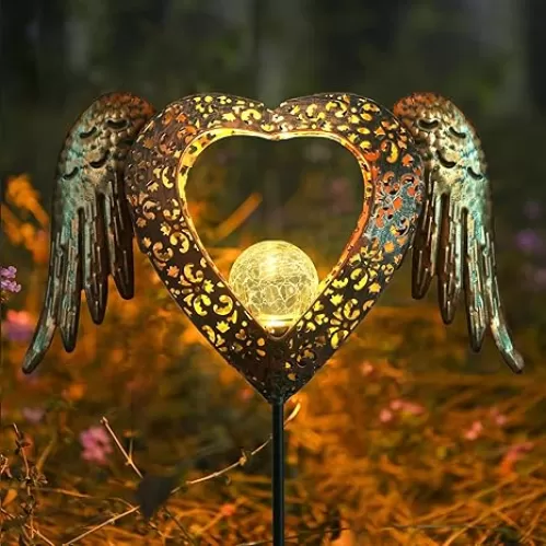 Solar Garden Lights Waterproof Metal Solar Warm White LED Stake Light Memorial Gift Metal Stakes Lights Crackle Glass Light for Lawn, Pathway, Patio Decor (Heart-Wing)