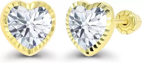 Solid 14K Gold Hypoallergenic 6mm Heart Shaped Birthstone Polished Bezel Screw Back Stud Earrings