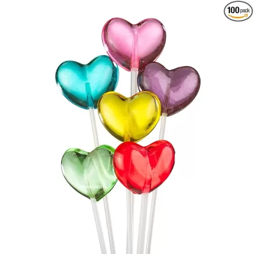 Sparko Sweets Twinkle Pops Lollipop, Heart Shapes (Pack of 100 Lollipops), 12 inch Long Lollipop Stem, Handcrafted in USA, 6 Vibrant Colors - Red, Pink, Yellow, Blue, Green, Purple, Fruit Flavors, 37.80 Ounce