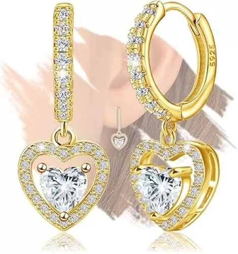 Sterling Silver Gold Heart Earrings for Women - Classic Love Heart-Shaped Hoop Earrings with Dangle Hypoallergenic Lightweight Cubic Zirconia Fashion Gifts for Wife Mother
