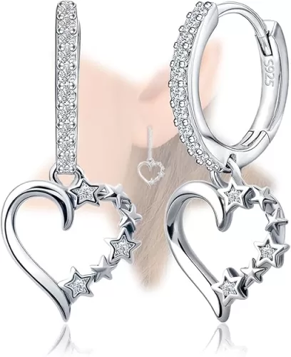 Sterling Silver Heart Earrings for Women Star Hoop Earrings with Dangle Trendy Hypoallergenic Cubic Zirconia Love Heart-Shaped Loop Earrings with Dangling Fashion Gifts