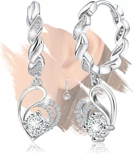 Sterling Silver Heart Hoop Earrings with Dangle for Women Hypoallergenic Cubic Zirconia Lightweight Classic Love Heart-Shaped Loop Earrings with Dangling Fashion Gifts for Mom Wife