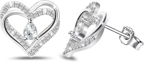 Sterling Silver Heart Stud Earrings - Double Heart Shaped with Cubic Zirconia, Hypoallergenic for Sensitive Ears - Perfect Valentine's Day Gifts