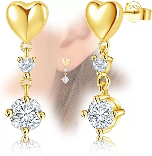 Sterling Sliver Gold Heart Shaped Stud Earrings with with Sparkling Cubic Zirconia Dangle for Women Fashion Lightweight Trendy Hoop Earrings for Women for Sensitive Ears