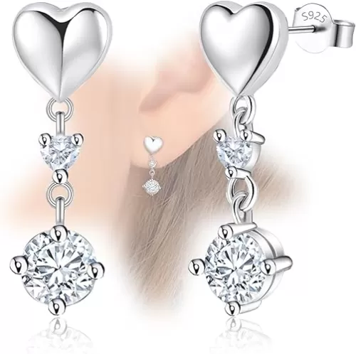Sterling Sliver Heart Shaped Stud Earrings with with Sparkling Cubic Zirconia Dangle for Women Fashion Lightweight Trendy Hoop Earrings for Women for Sensitive Ears