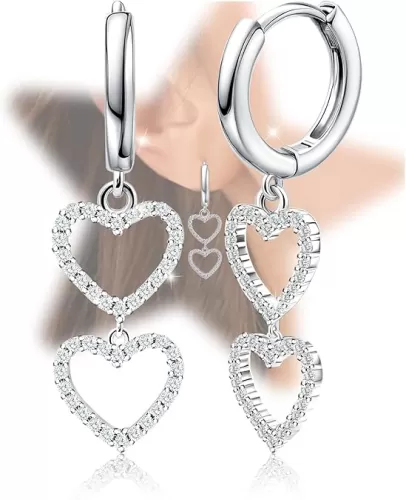 Sterling Sliver Love Heart Hoop Earrings with Dangle Charms for Women Sparkling Cubic Zirconia Hypoallergenic Delicate Heart-Shaped Hoop Dangle Earrings for Sensitive Ears