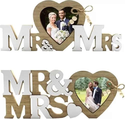 Teahutty 2PCS Mr and Mrs Wedding Picture Frame Heart Shaped Wooden Photo Frame, Wooden Letters Table Photo Props Wedding Decorations for Anniversary Wedding Home