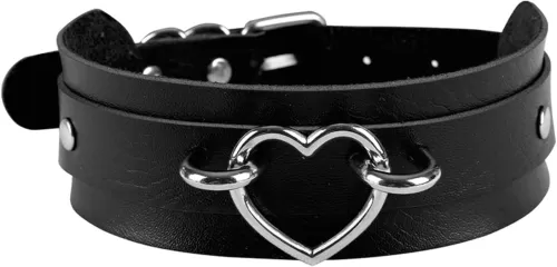Thick Black Faux Leather Choker with Metal Silver Heart Ring, Goth Punk Edgy Collar Necklace for Women Teens Neck 11-15 Inches