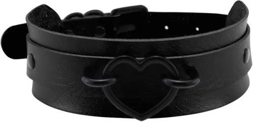 Thick Leather Black Sweet Heart Choker Collar Retro Punk Goth Style Necklace with Buckle for Cosplay (Only Black Heart Collar)