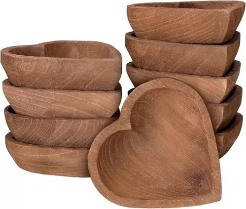 Tioncy 10 Pcs Wooden Dough Bowls - Wood Heart Shaped Hand Carved Paulownia Serving Decorative Bowl Bulk for Home Holding or Making Bread, Fruits, Salad & Candle, 7 Inch