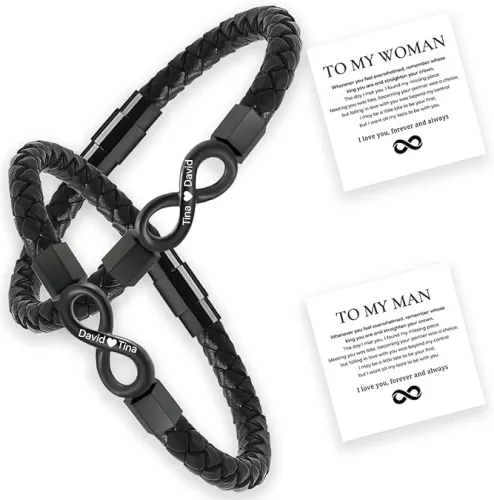to My Man/Woman Bracelet, Personalized Dual Name Infinity Leather Bracelet, Matching Couple Love Promise Bracelet, Custom Name Stainless Steel Braided Cuff Bracelet for Men/Women