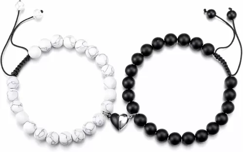 Top Plaza 2pcs Couple Bracelets Healing Crystal Black Agate White Turquoise Bracelets for Couples Matching Heart Bracelet for Lover Him & Her Boyfriend Girlfriend Valentine