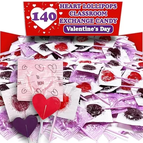 Valentine's Heart Lollipops, 140 Count Bulk Valentine Exchange Lollipops, Heart Shaped Assorted Fruit Flavored Lollipops Individually Wrapped, Addressable Labels for Classroom Exchange