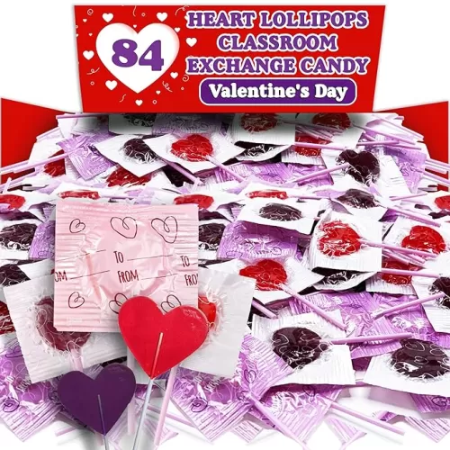 Valentine's Heart Lollipops, 84 Count Bulk Valentine Exchange Lollipops, Heart Shaped Assorted Fruit Flavored Lollipops Individually Wrapped, Addressable Labels for Classroom Exchange