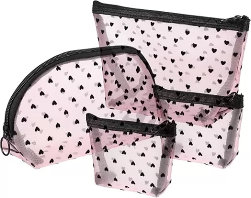 VOCOSTE 4pcs Heart Shape Print Mesh Makeup Bag, Makeup Bag Clear, Mesh Bags with Zipper, Clear Makeup Pouch Mesh Bags, Make Up Bags for Women, Pink