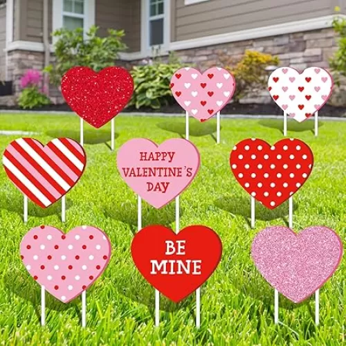 Whaline 9Pcs Valentine’s Day Yard Sign with 18Pcs Stakes Red Pink Love Heart Lawn Sign Happy Valentine’s Day Yard Decoration for Anniversary Wedding Supplies Home Lawn Pathway Walkway