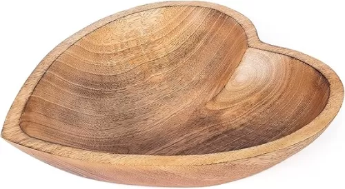 WitnyStore Heart Shaped Wood Bowl 10" Brown Handcrafted Wooden Bowls Collectible Functional Serving Tray Dish Plate Hand Made Decorative Tableware for Candy Nuts Dessert Fruit Home Décor Accents Gifts
