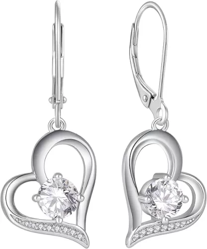 Women Heart Earrings 925 Sterling Silver Love Heart Dangle Drop Earrings Round Birthstone Jewelry