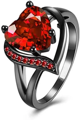 Women's Simulation Ruby Heart-Shaped Black Gold Promise Jewellery Band Red Cubic Zirconia Wedding Ring Size 6-10
