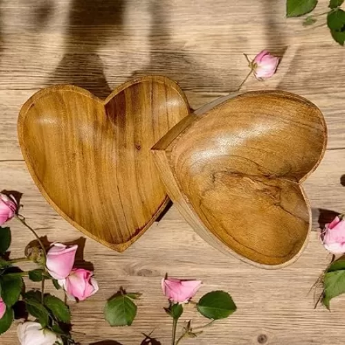 Wooden Bowl Heart Shaped Acacia Wood Bowl, Set of 2 Serving Snack Bowl, Rustic Centrepiece for Dining Table, Dipping Bowl, Handmade Serving Dish