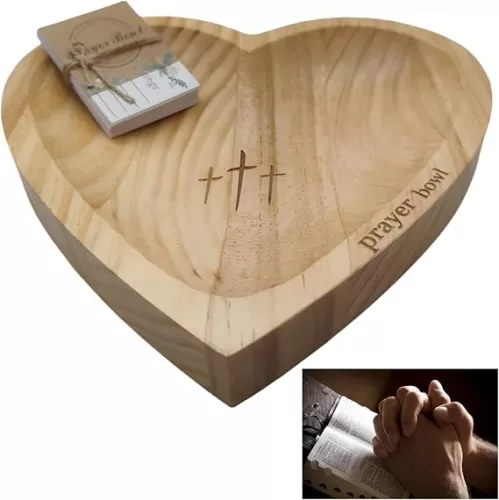 Wooden Prayer Bowl with Cards, Heart Shaped Bowl with Engraved Cross and Text, Enhance Home Decor or Prayer Room Ambiance