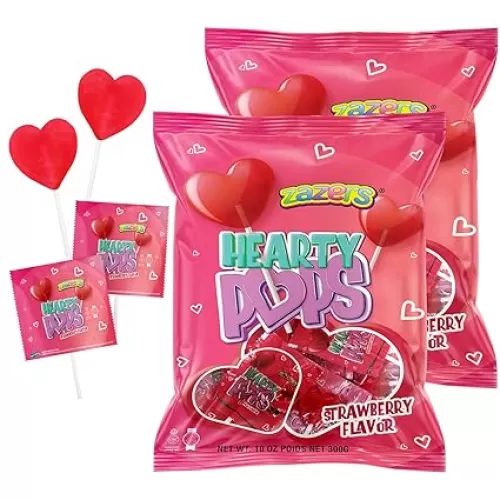 Zazers Heart Shaped Strawberry Lollipops | Approx. 74 Individually Wrapped Pops | Gluten-Free, Nut-Free, Kosher | 2 Bags (300g each)