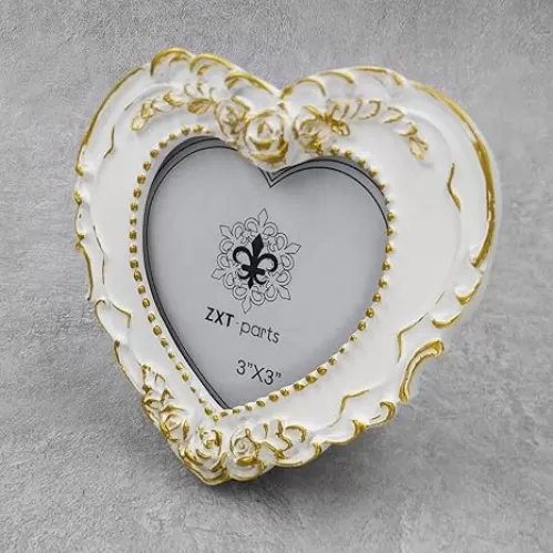 ZXT-parts 3x3 Picture Frame Heart White and Gold Edge Frame. Resin Handmade Photo Frame. Glass Panel. Black Suede Cover.European Style Suitable for Wall or Desktop.