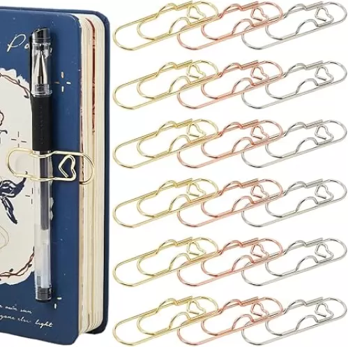 1 Box 18Pcs 3 Colors Heart Pen Clip Metal Pencil Clips Multifunctional Rose Gold Silver Carbon Steel Paperclip Portable Large Size Holder for Notebook Book Journal Office School Accessories
