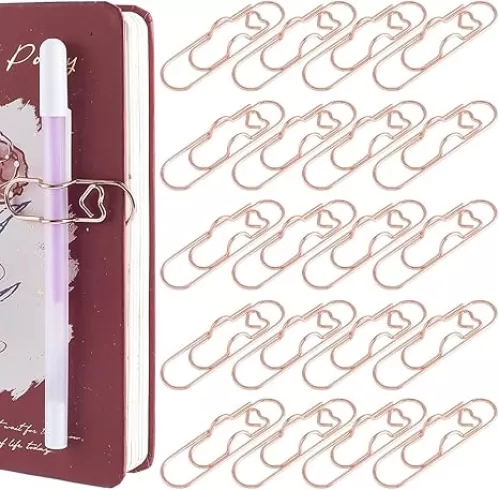 1 Box 20Pcs Paper Clip Pen Holder Paperclip Pencil Holder Heart Rose Gold Carbon Steel Office School Metal Portable Insert Pencil Holding for Notebook Journal Paper Indoor Outdoor Planner