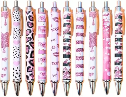 10 PC Heart Pens Cute Red Hearts Shaped Valentines Day Stationary Ink Gel Pen Pink Rose Gold XOXO Black Leopard Glitter Office School Supplies Accessories Wedding Party Favors Items Women Gift Bulk