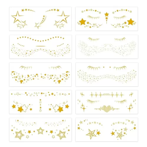 10 Sheets Face Metallic Temporary Tattoo Sticker Face Gold Temporary Heart Star Moon Transfer Tattoo Freckle Sticker for Women Girls for Eye Face Fake Shimmer Glitter Tattoos Stickers